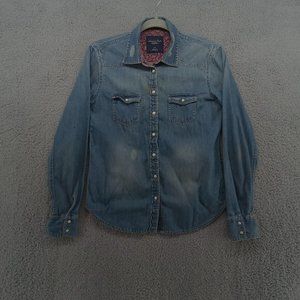American‎ Eagle Shirt Womens Small Petite Blue Denim Light Pearl Snap Western